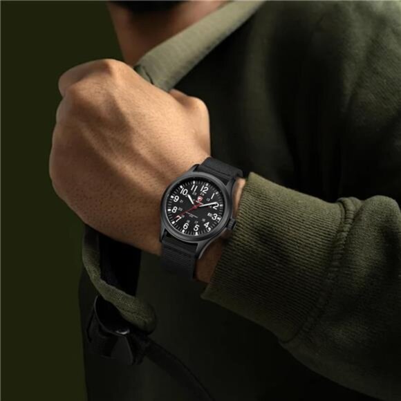 Men’s Military Watch Easy to Read Waterproof with Nylon Strap, Full Black - Picture 6 of 7